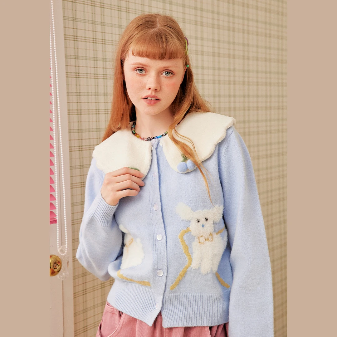 unifree蓝色针织开衫【画画的焦太郎联名】秋冬甜美减龄小狗带领子