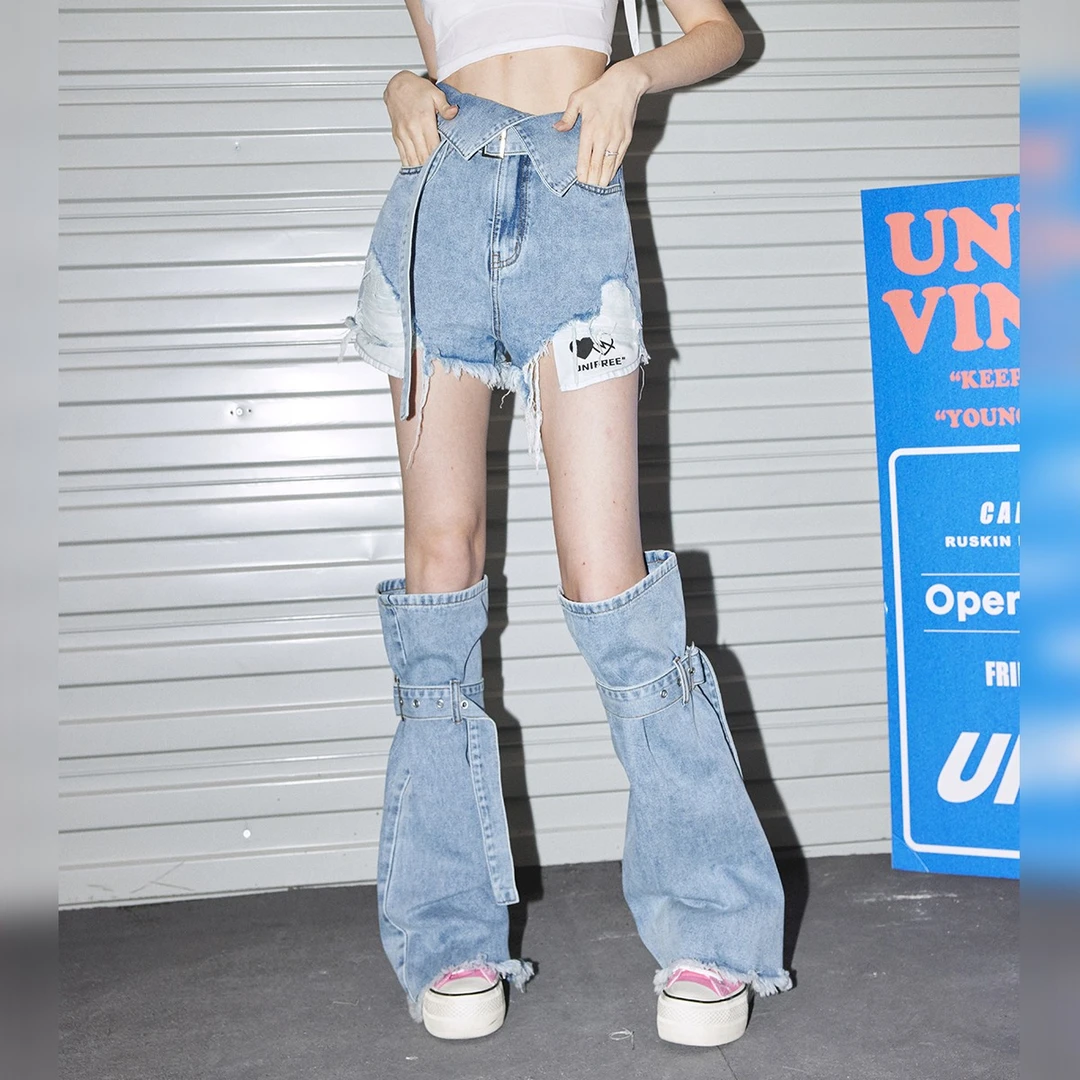 unifree牛仔短裤新款衬衫领腰头水洗阔腿破洞高街辣妹毛边高腰