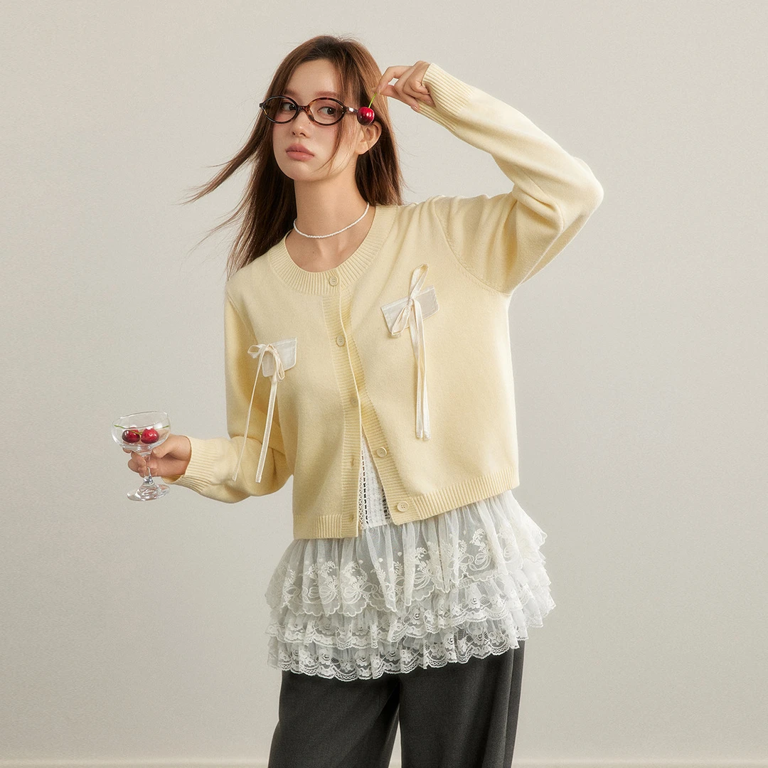 unifree针织开衫秋款慵懒风甜美温柔蝴蝶结装饰休闲圆领直筒