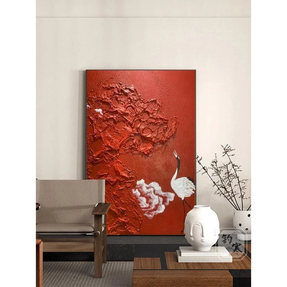 新中式红色仙鹤中国风客厅装饰画茶室落地画挂画