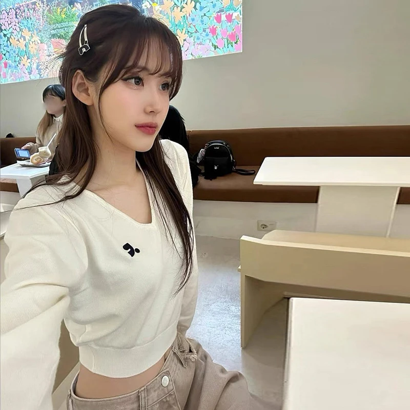 出口韩国！小众女装Rest&RecreationV领收腰短款长袖休闲针织衫