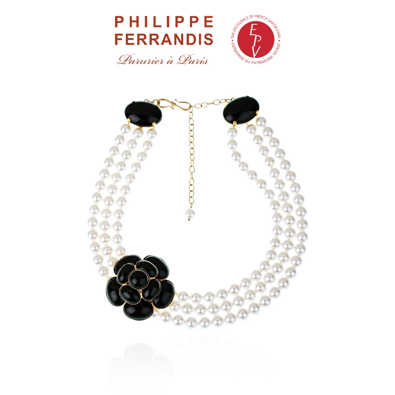 铜合金项链 【法国进口】 PHILIPPE FERRANDIS经典山茶花黑茶花项链