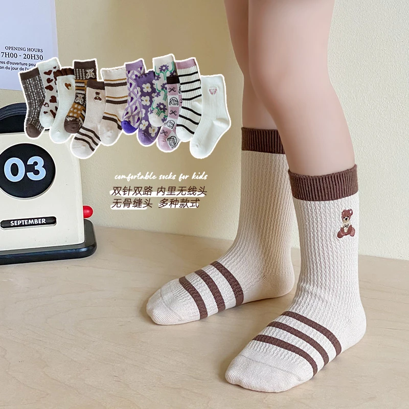 女童袜子无骨春秋冬季韩版花边小熊复古色学生宝宝潮袜外穿中筒袜