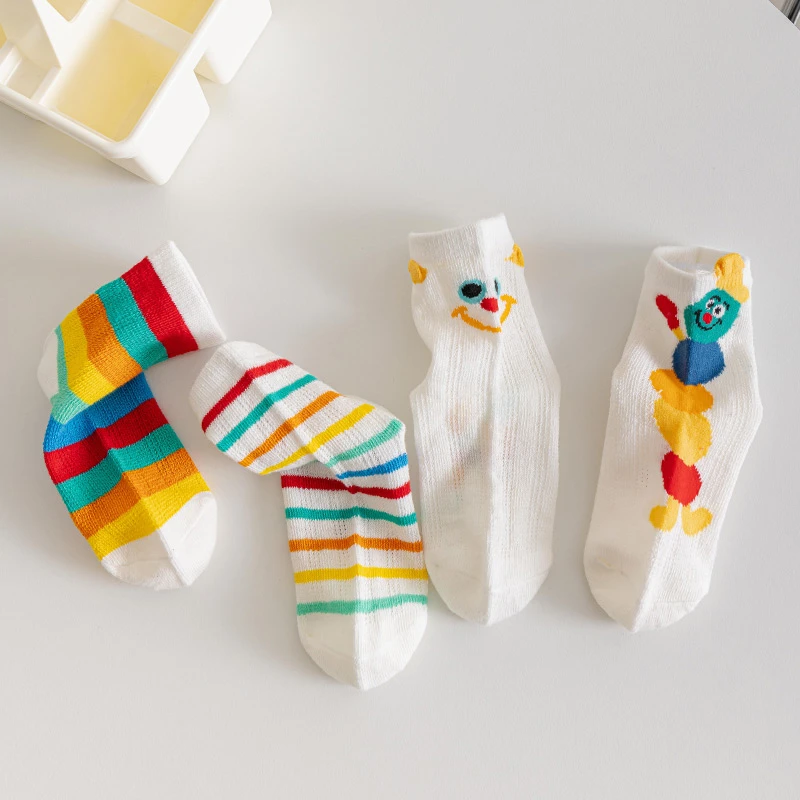 儿童袜子春夏季网眼薄款韩版男女童条纹彩虹INS中筒袜透气短袜潮