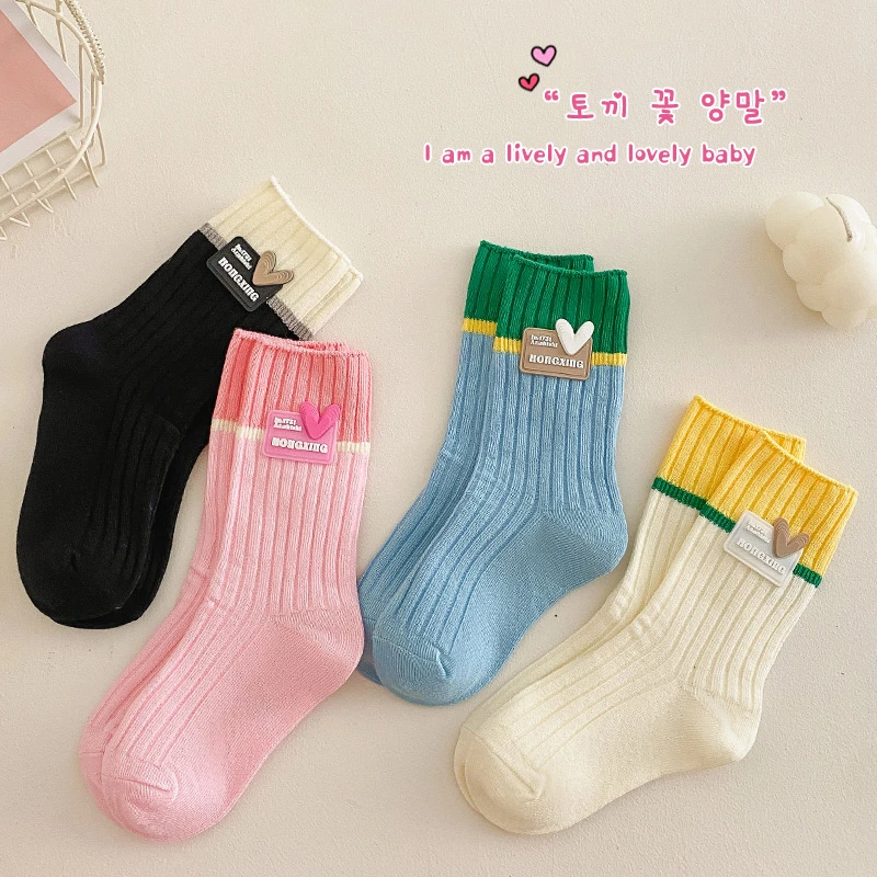 女童中筒袜春秋冬韩版彩色爱心学院风INS百搭撞色中大童宝宝袜潮