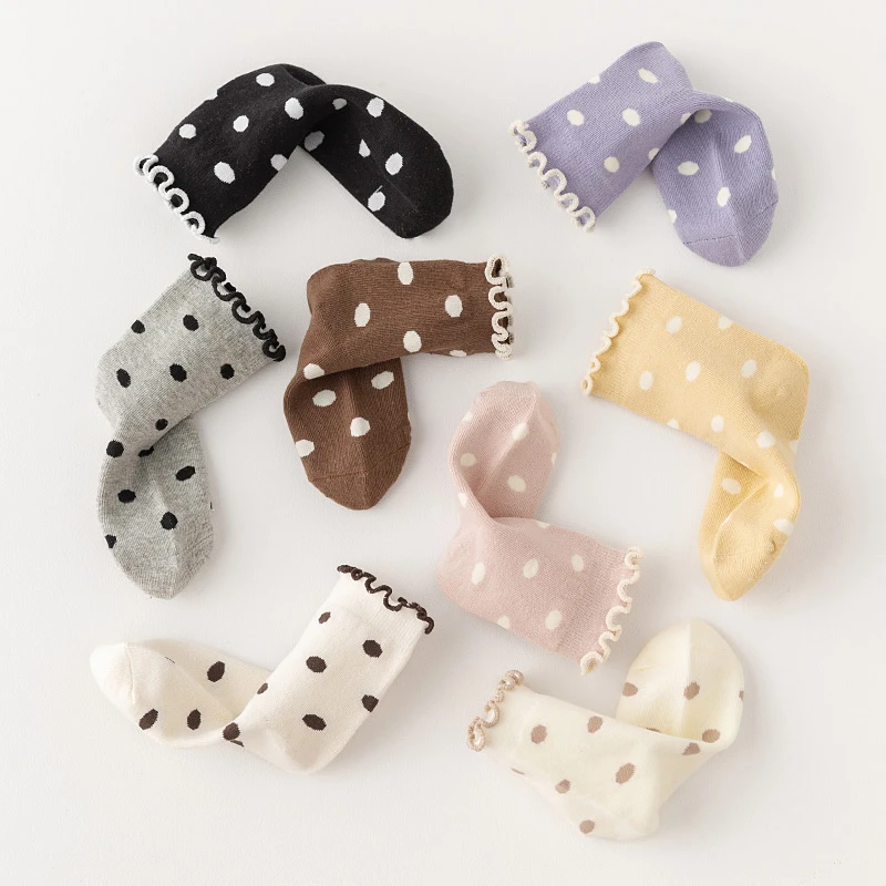 女童中筒袜春秋冬季韩版圆点木耳边公主袜ins纯色百搭堆堆袜潮