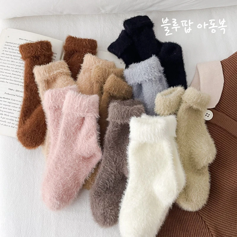 儿童袜子秋冬季加绒加厚韩版毛绒女童保暖水貂绒男童宝宝中筒袜潮