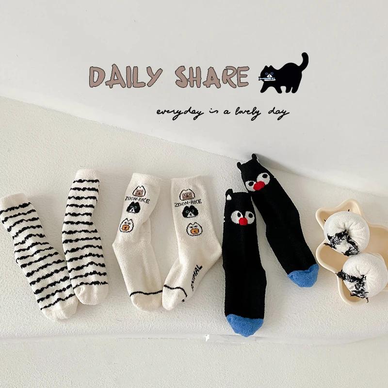 儿童袜子秋冬水貂绒韩版女童网红男童条纹百搭INS学生中长筒潮袜