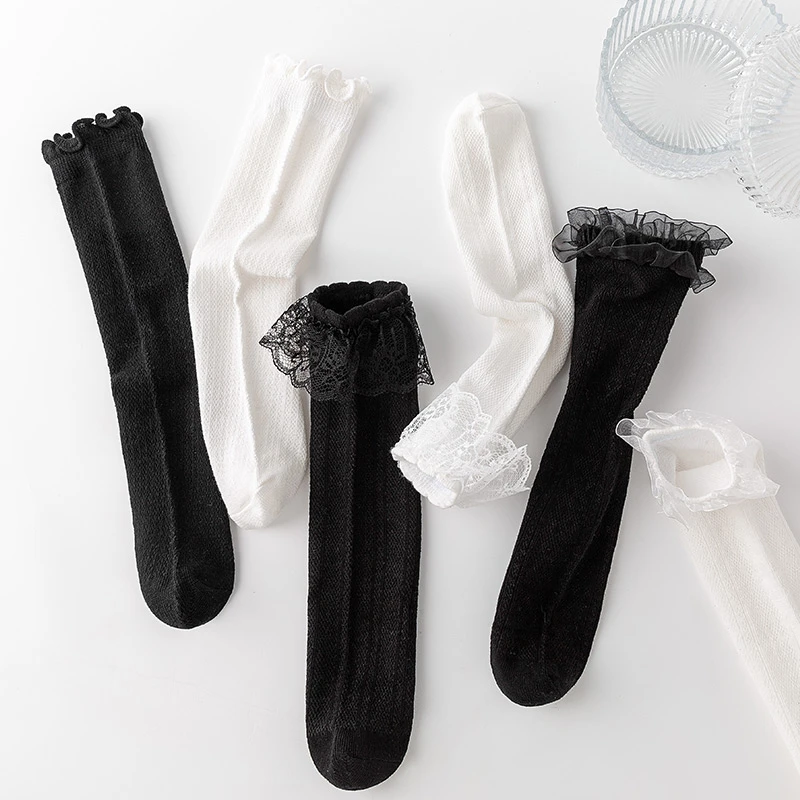 女童白色长筒袜夏季薄款JK网眼小腿袜蕾丝花边袜学院风黑色高筒袜