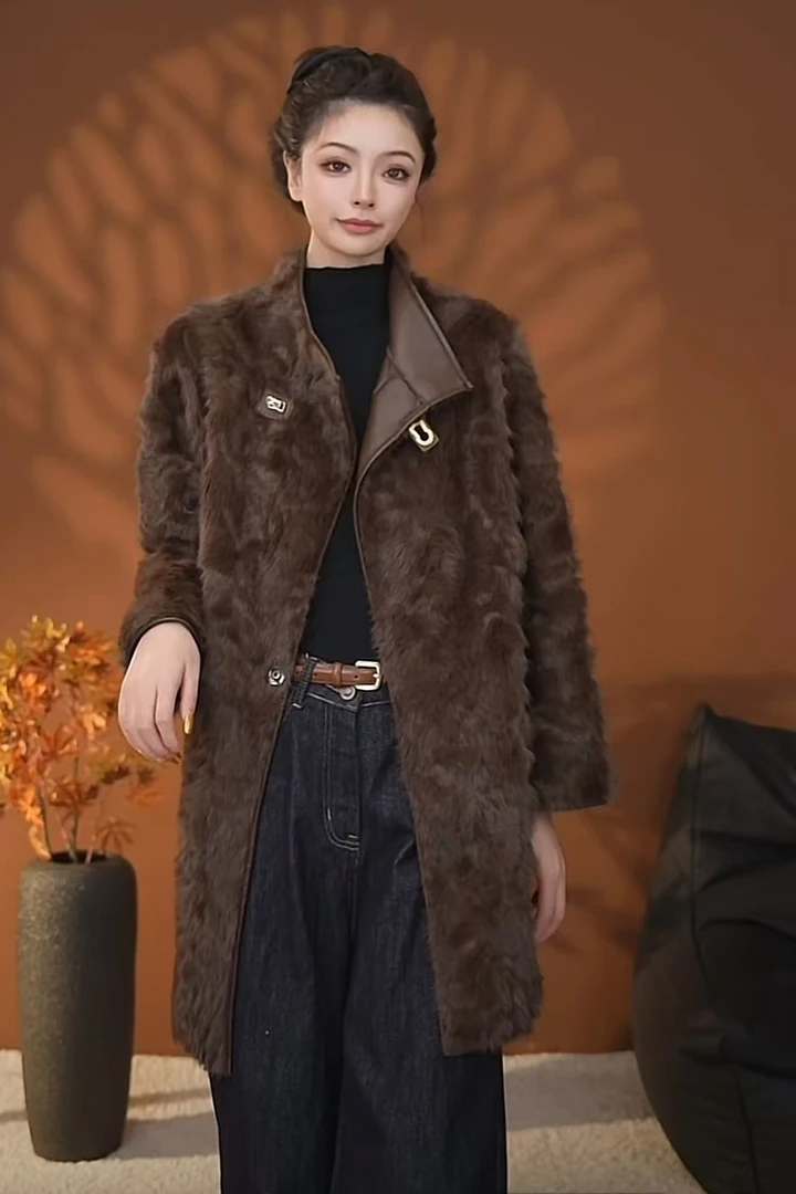 欧货海宁毛毛外套2024秋冬季保暖冬款中长款气质外套女