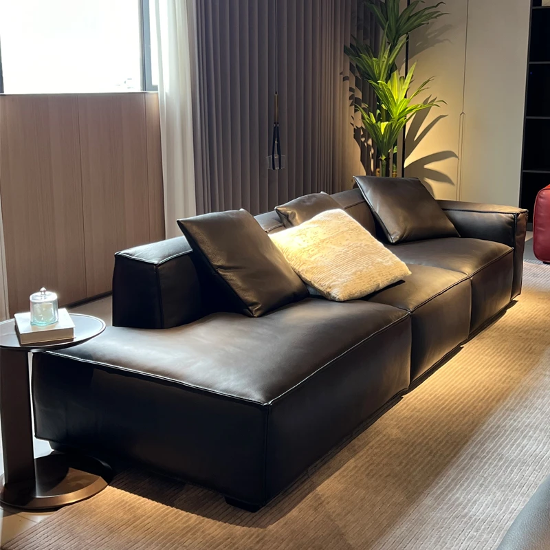 意式极简豆腐块沙发头层牛皮创意客厅组合单扶手慵懒松弛感全青皮