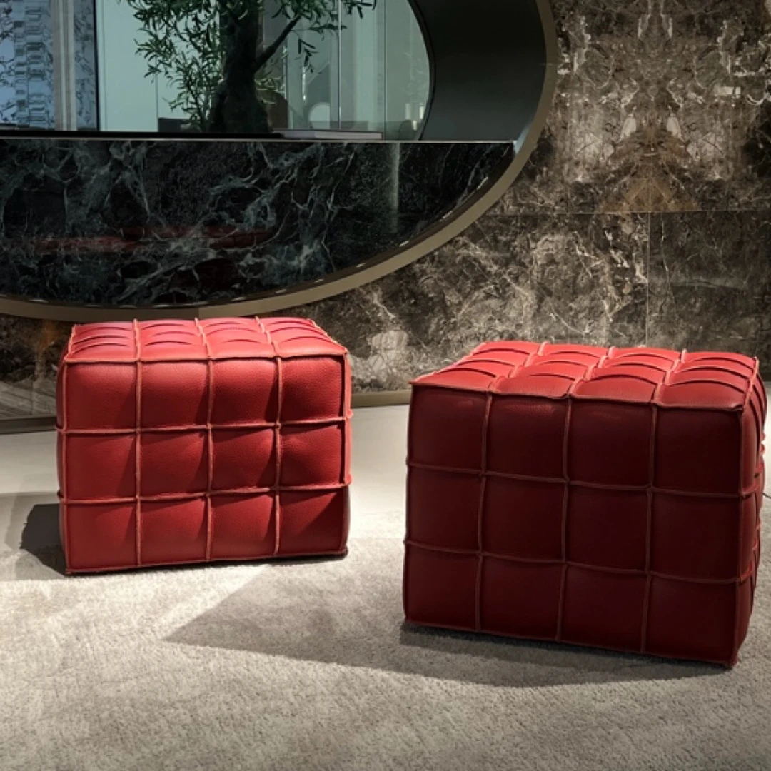 真皮魔方凳客厅换鞋凳方块凳子坐墩沙发凳脚踏凳轻奢时尚复古透明