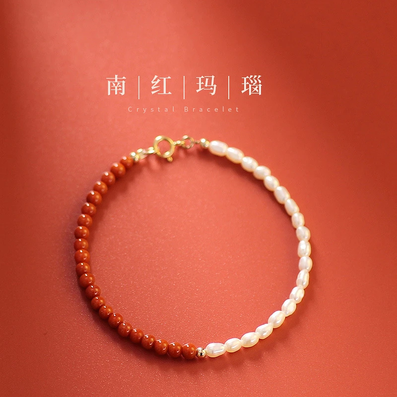 3MM细款 天然南红玛瑙珍珠手链女手串小众设计手饰手工多样性发一