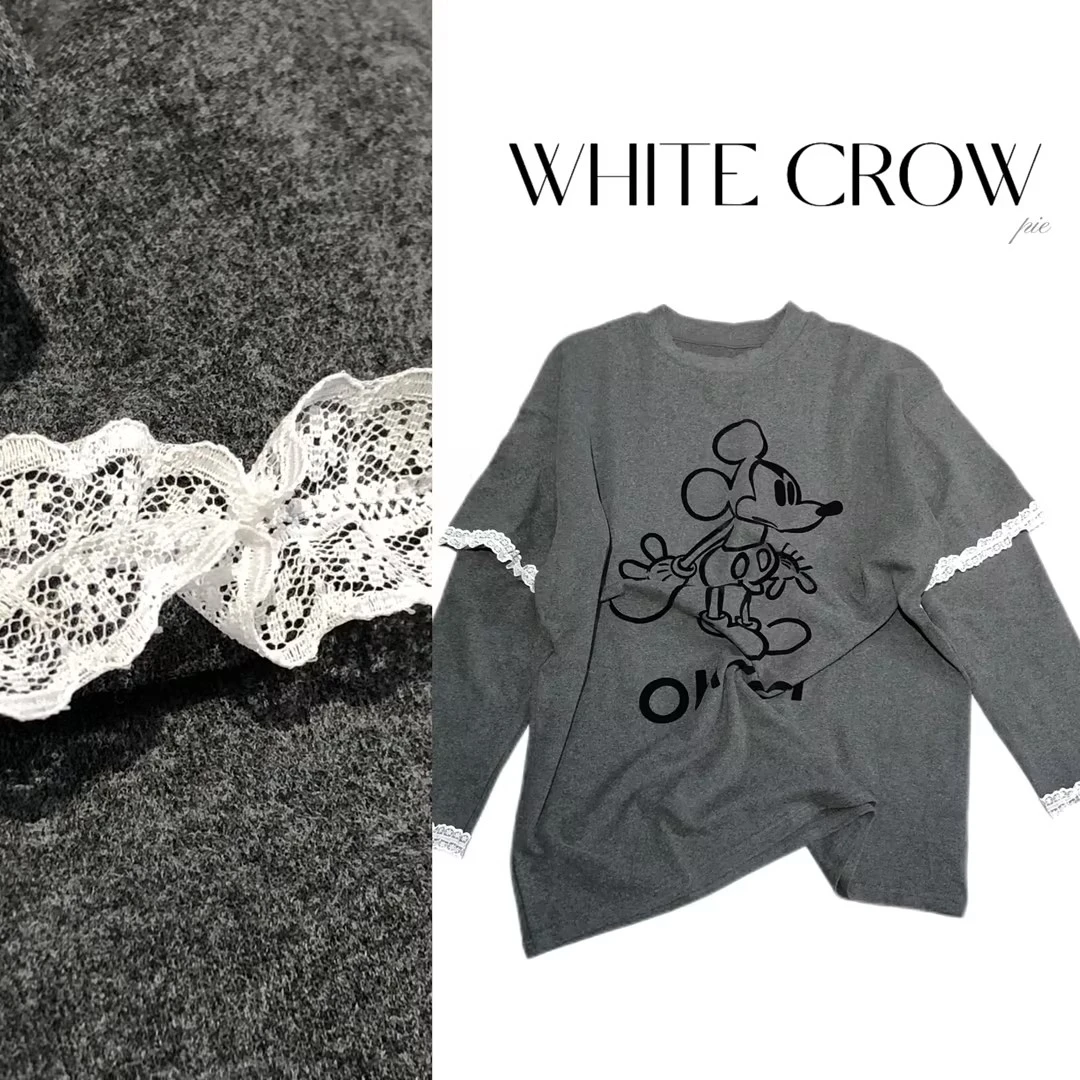 白乌鸦【蕾丝米老鼠】长袖T 时尚百搭宽松卡通 7367