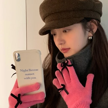 韩版纯色分指可爱蝴蝶结骑车女生秋冬季防寒保暖骑行学生软妹加厚