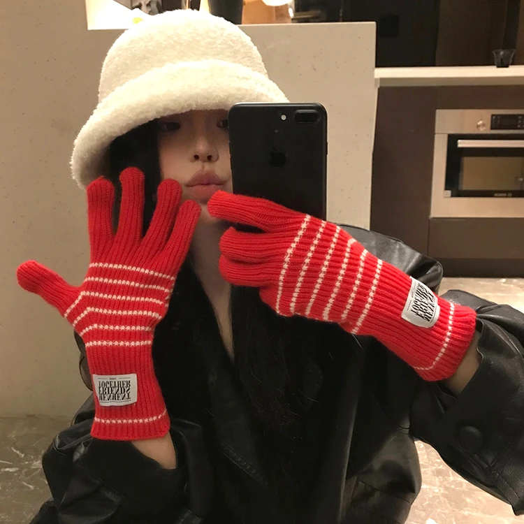 时尚条纹加长手套女秋冬季加厚保暖露指触屏红色针织学生暖手套潮
