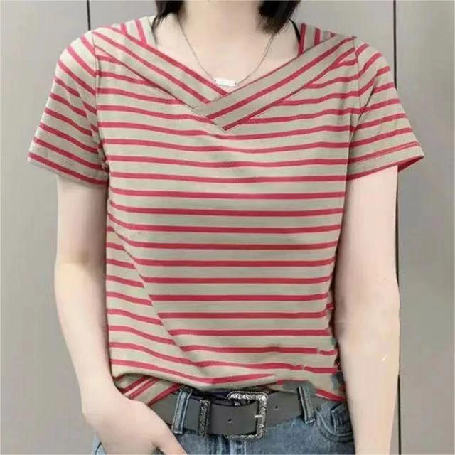 夏季新品条纹V领短袖时尚洋气百搭显瘦休闲T恤女上衣