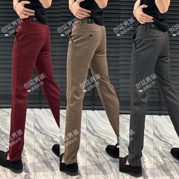 秋冬新款轻奢小众百搭舒适加厚毛呢裤上身修饰脚型男士休闲裤7136