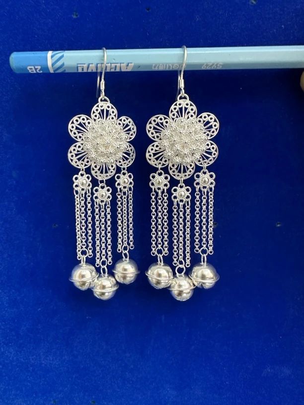 足银耳饰 足银耳饰民族风长款流苏铃铛耳环纯手工精美设计