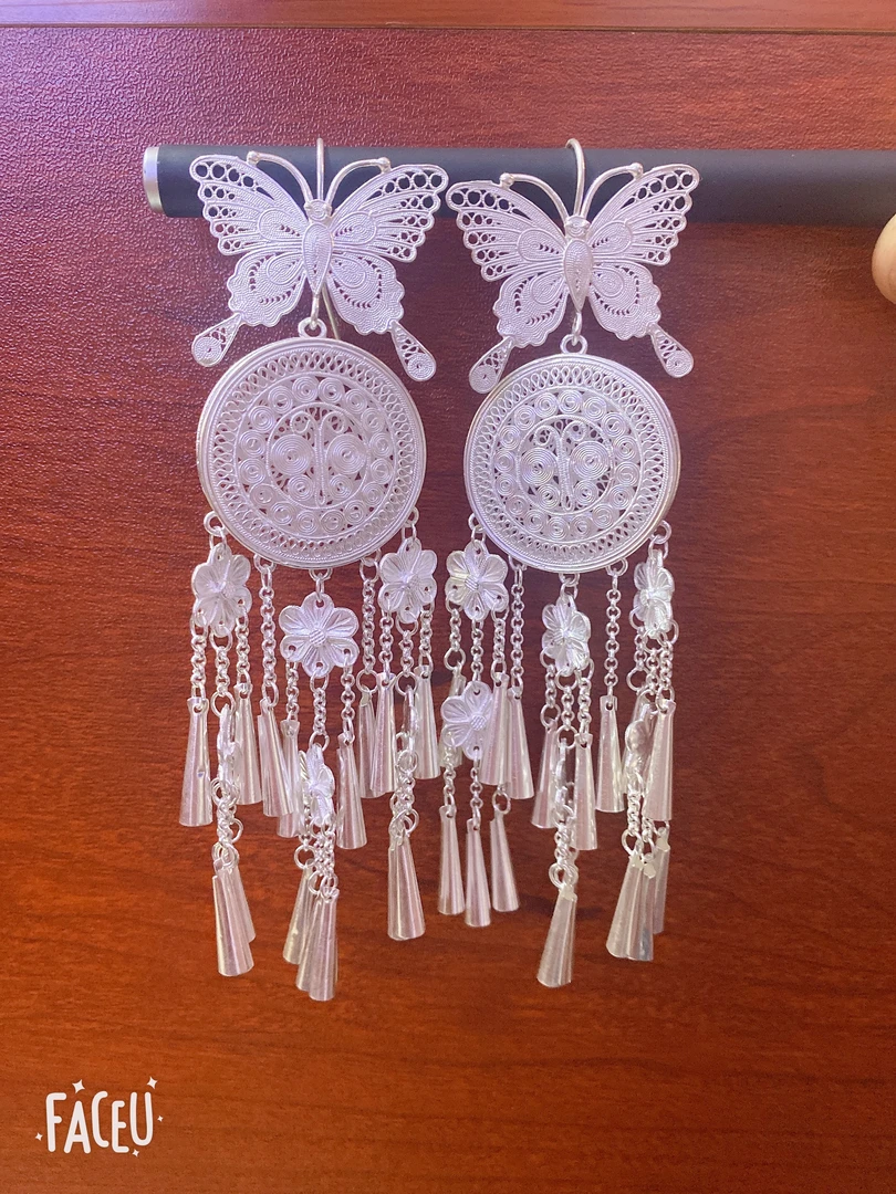 足银耳饰 纯手工拉丝工艺蝴蝶平安鼓流苏足银耳环