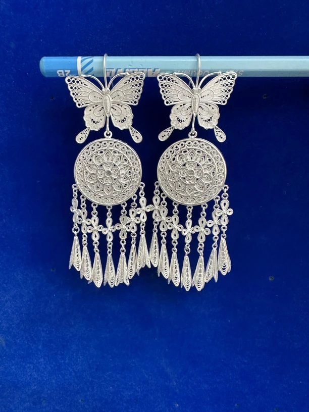 足银耳饰 足银蝴蝶流苏耳环民族风复古银制耳饰