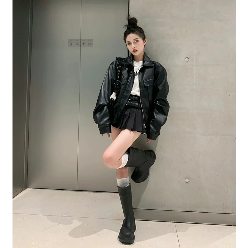 时尚休闲黑色百搭小众欧美韩版秋季美式复古宽松大码显瘦皮衣秋冬