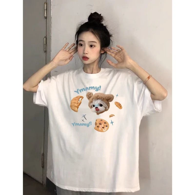 夏季短袖t恤女ins百搭潮流休闲学生圆领半袖小众卡通印花情侣上衣