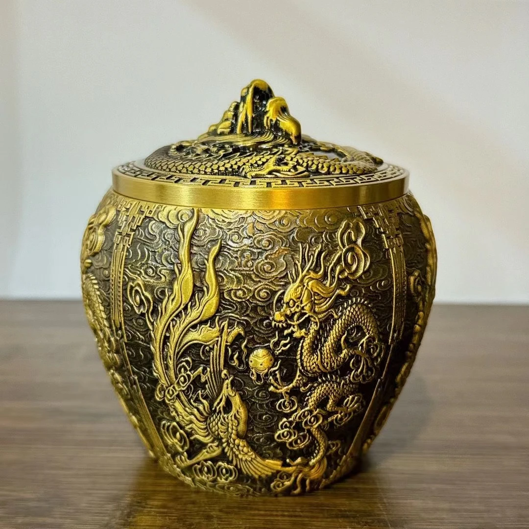 铜制龙凤茶叶罐浮雕密封罐复古个性雕刻