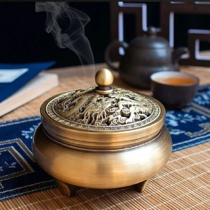 【九月】铜质龙凤纹雕刻盘香香炉（口径8*高8*宽9.2）