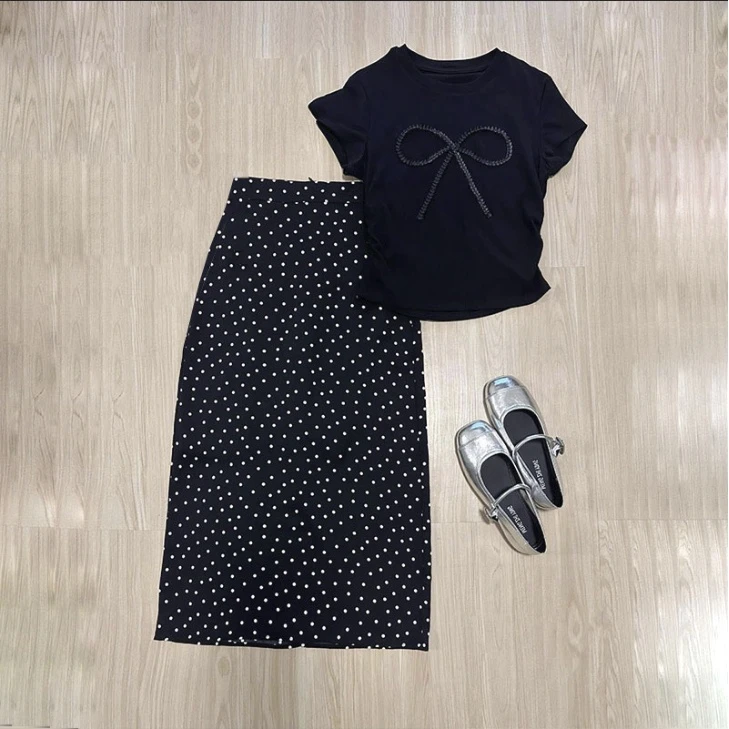 蝴蝶结设计感短袖T恤修身显瘦正肩上衣+半身裙波点套装dy