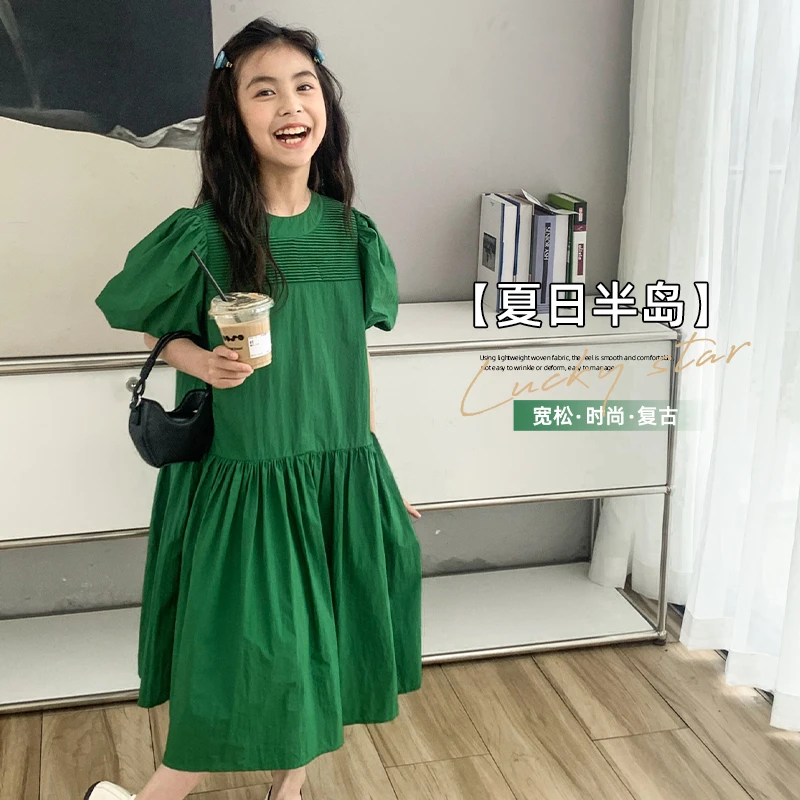 【夏日半岛】夏季女童韩版宽松时尚复古泡泡袖设计感连衣裙显瘦