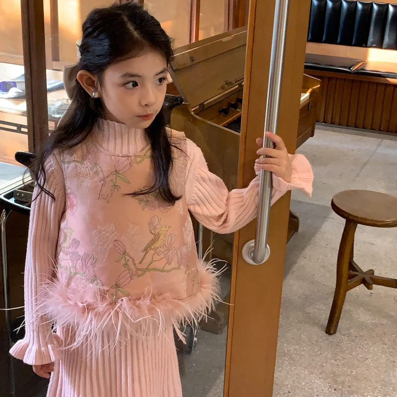 LEOHAPPY【花涧朝暮】 中短款马甲荷叶袖大A摆毛织套装秋冬洋气