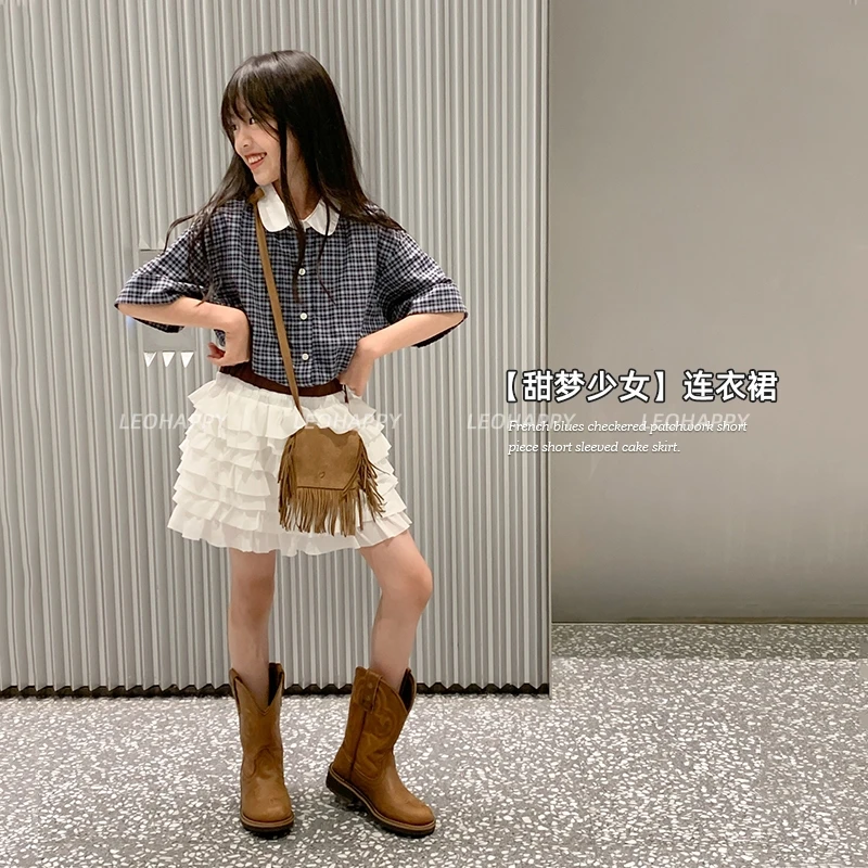 LEOHAPPY【甜梦少女】夏季时尚法式蓝调格拼接短款连体短袖蛋糕裙