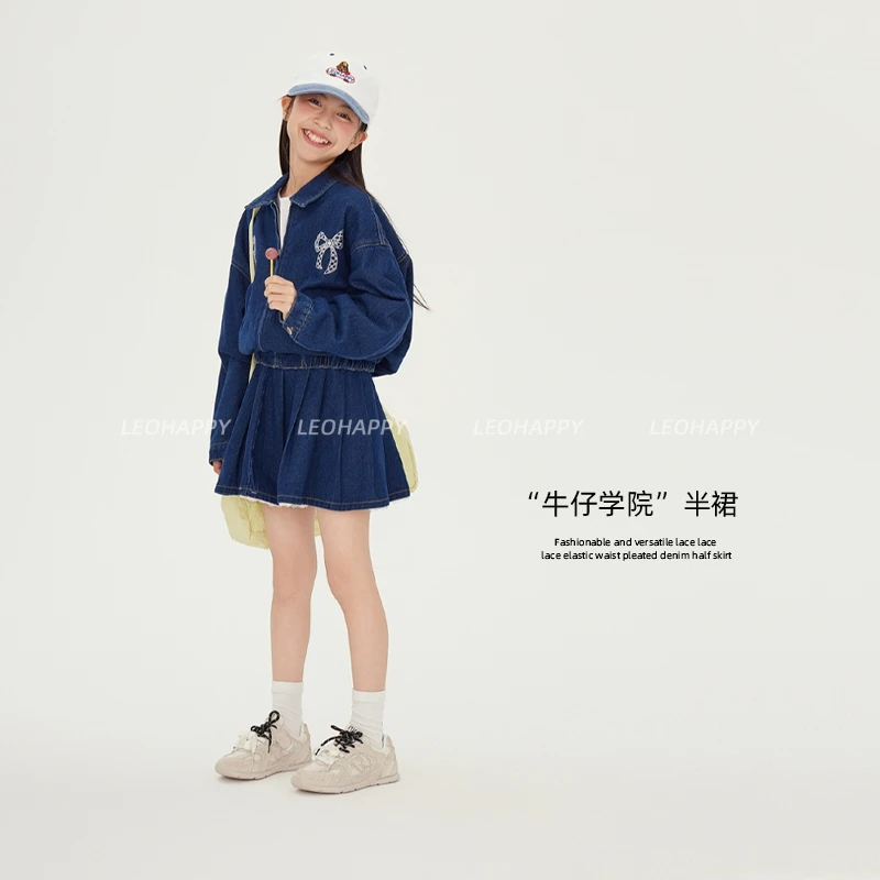 【牛仔学院】韩版时尚洋气百搭蕾丝花边松紧腰百褶牛仔半裙