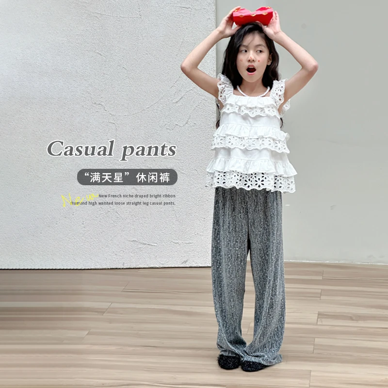 【满天星】新款法式小众垂感亮丝带钻高腰宽松直筒休闲长裤