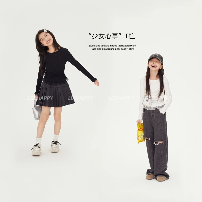 【少女心事】韩式甜美弹力罗纹面料拼接花边侧边抽褶圆领打底T恤