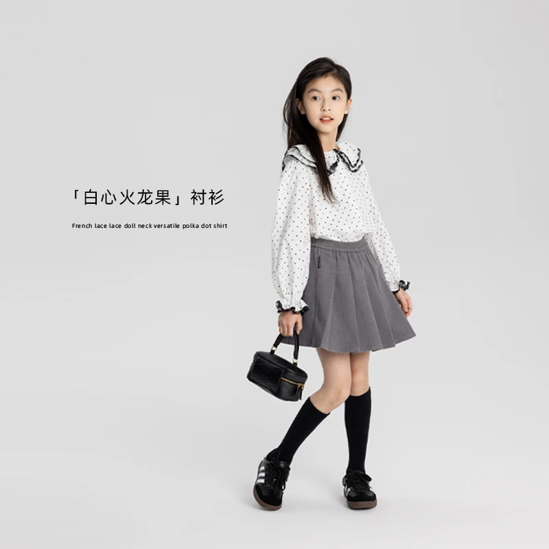 【白心火龙果】秋季款儿童法式蕾丝花边娃娃领百搭波点衬衫时尚长袖