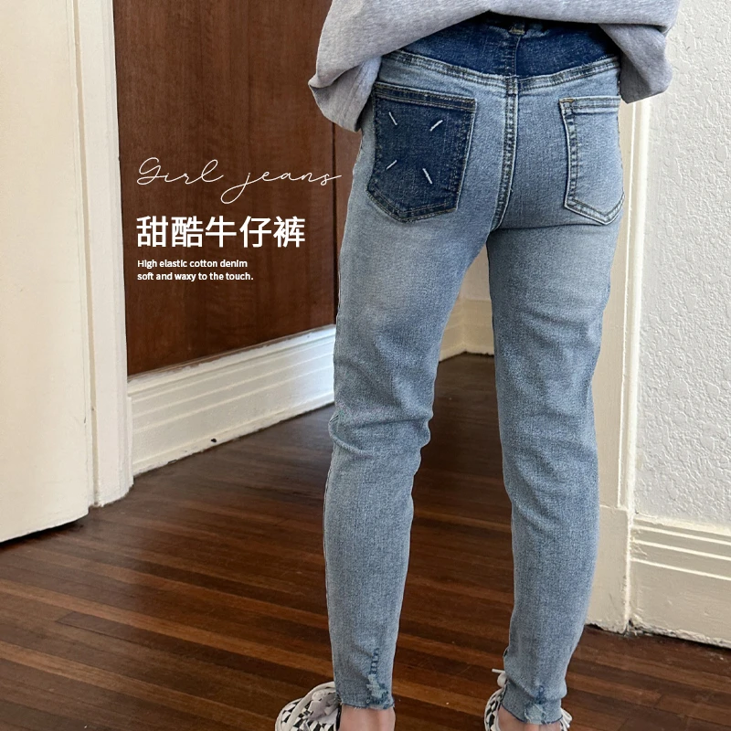 【甜酷牛仔】韩版设计感撞色高腰显瘦紧身牛仔裤儿童直筒休闲裤