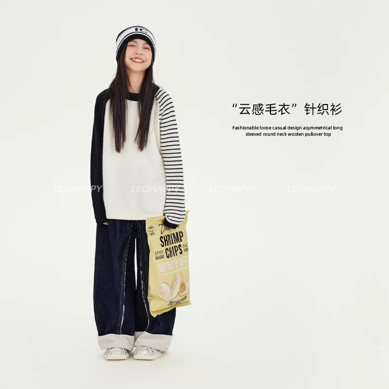 【云感毛衣】韩版时尚宽松休闲设计感不对称长袖圆领毛织套头上衣