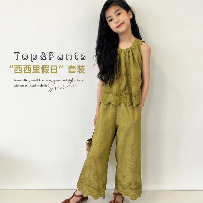 【西西里假日套装】夏季新款宽松绣花背心休闲裤阔腿裤气质套装20