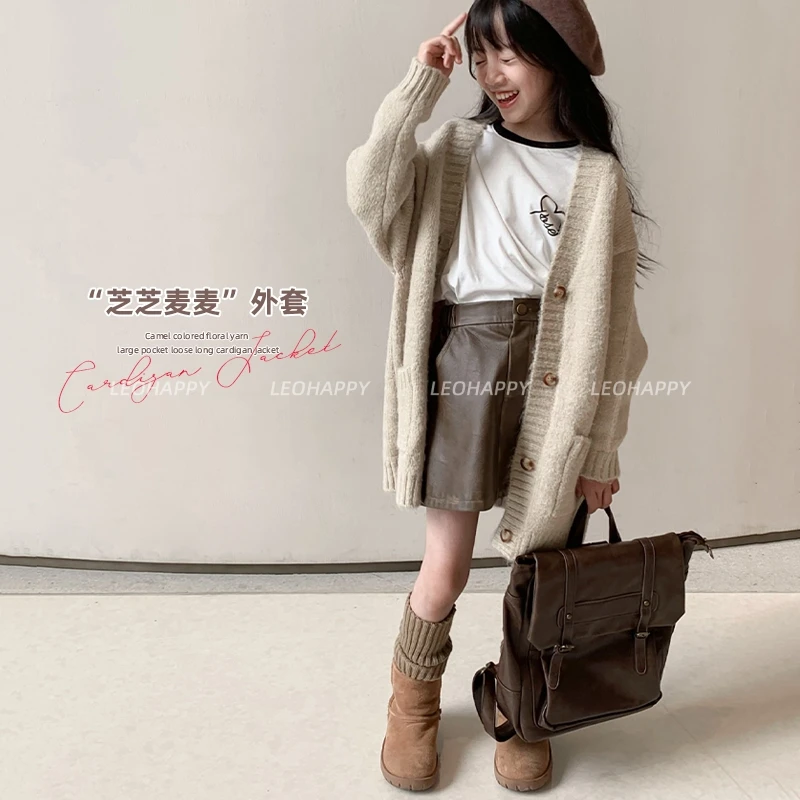【芝芝麦麦】韩系驼色花纱大口袋宽松长款开衫外套