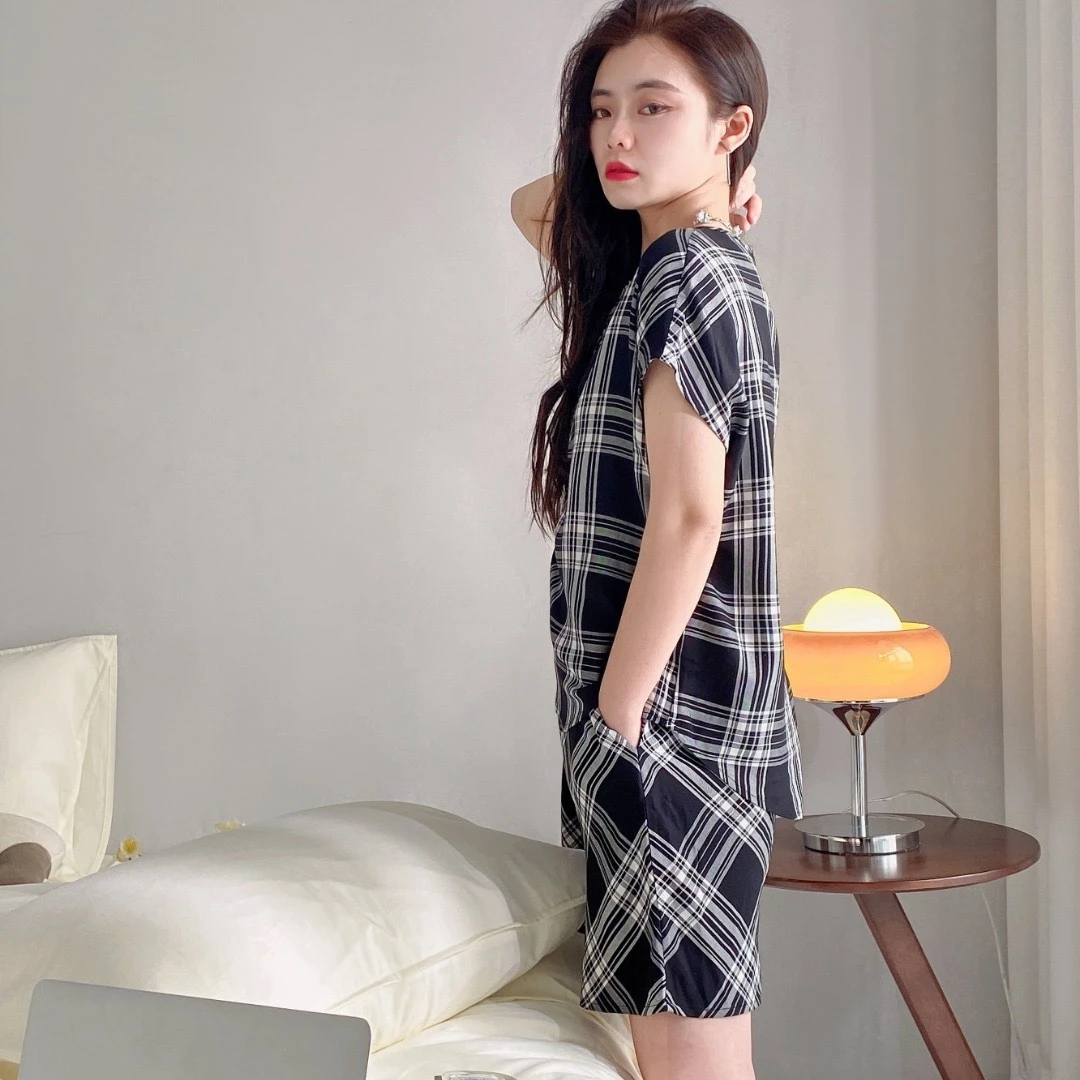 莫代尔韩版夏天短袖短裤格子款套装宽松薄款夏季大码春夏时尚睡衣
