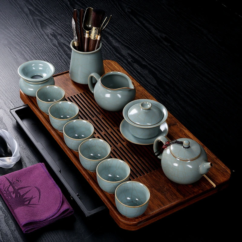 凝香阁仿古釉开片天青汝窑整套茶壶茶具套装家用陶瓷功夫茶具礼品