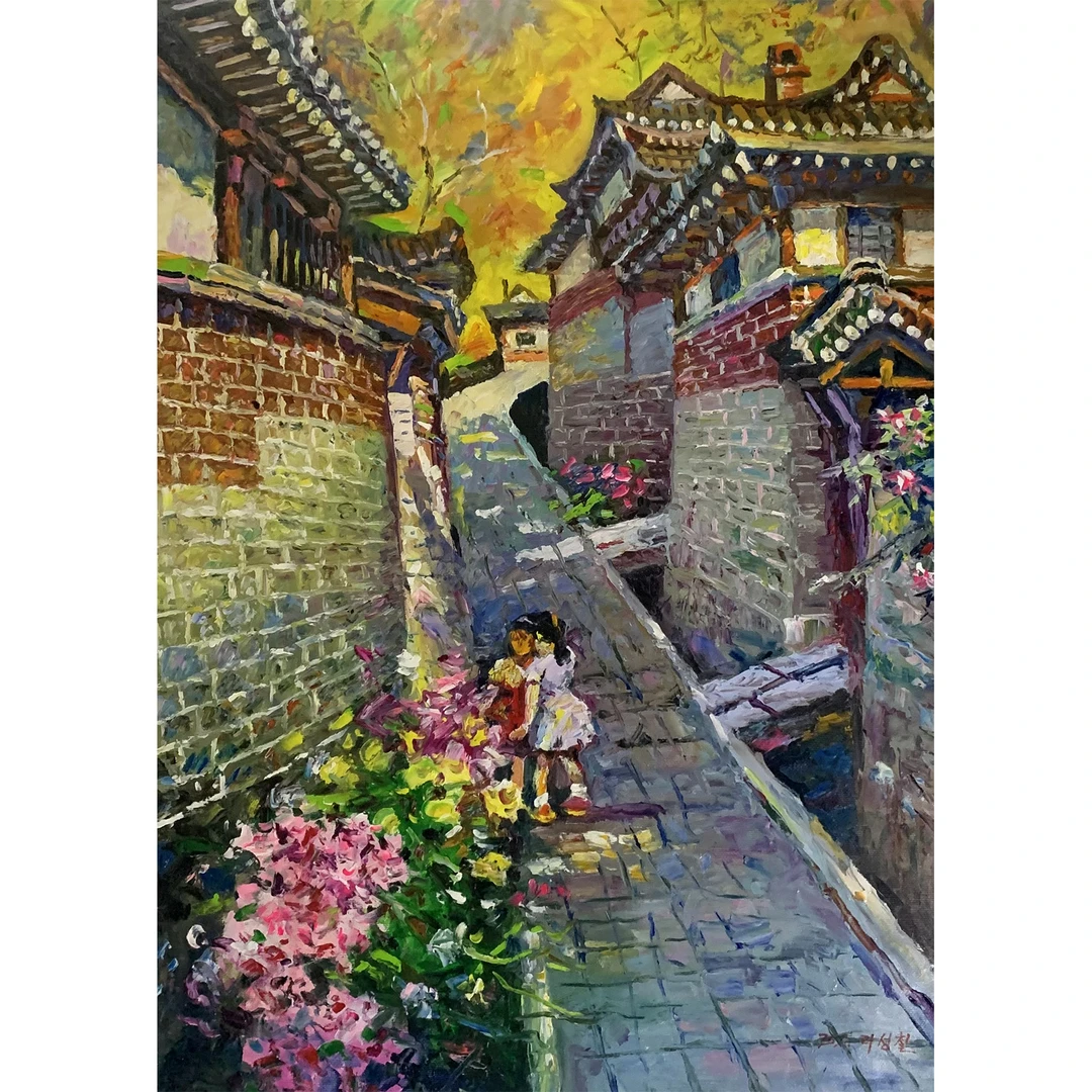 朝鲜画油画拍卖一级艺术家李成哲院墙外风景纯手绘原创装饰画收藏