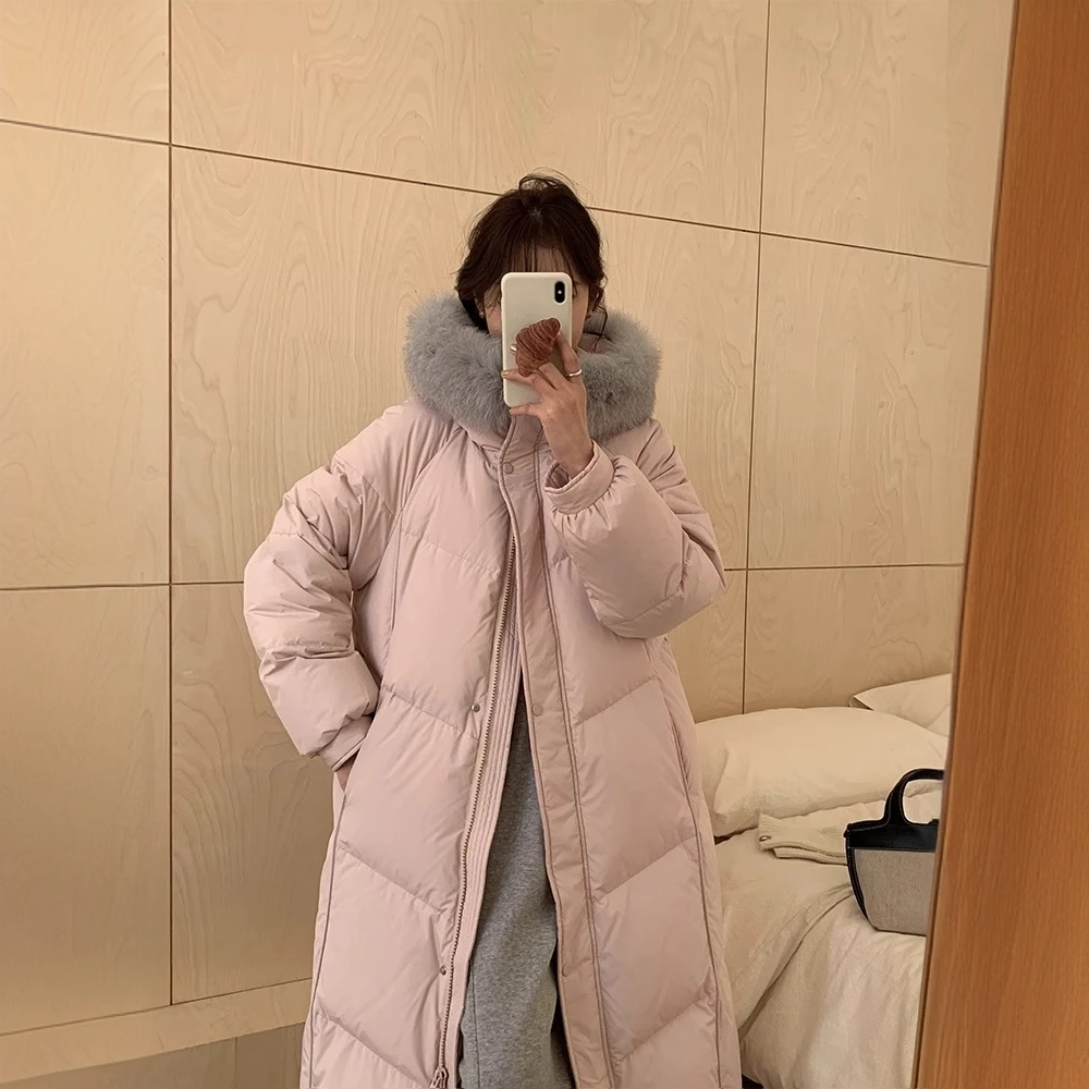 2025冬季新款90白鹅绒大毛领羽绒服女时尚连帽中长款过膝加厚外套