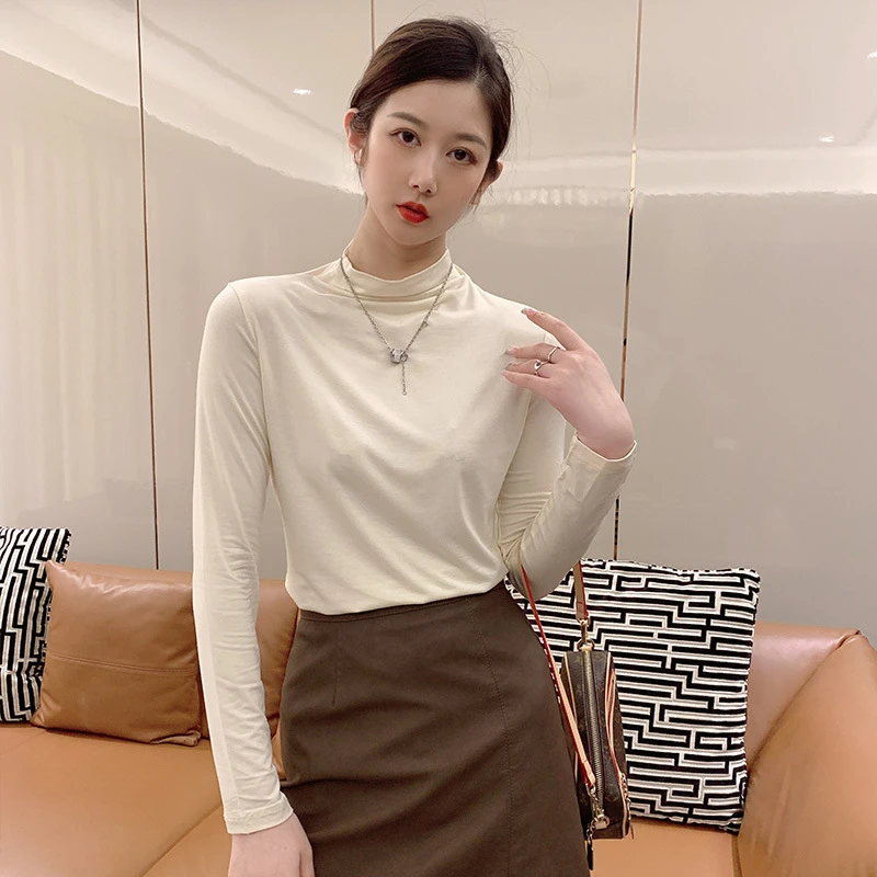 半高领打底衫女春秋薄款套头修身百搭莫代尔长袖T恤女堆堆领上衣