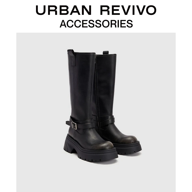 URBAN REVIVO女士复古擦色皮带扣长靴UAYS40011