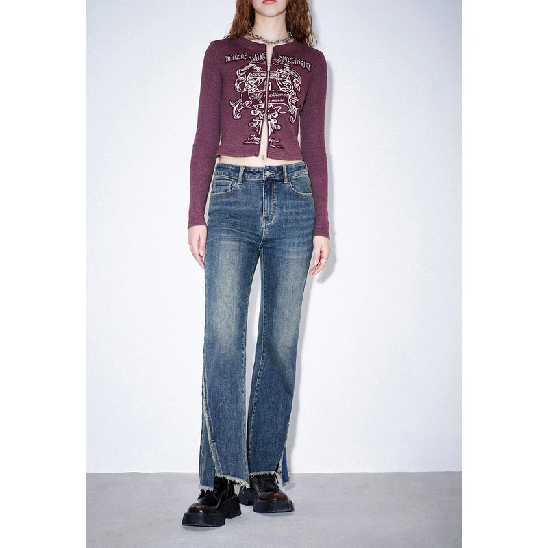 UR秋冬新款女装休闲复古时髦斜开叉毛边牛仔喇叭裤UWV830077