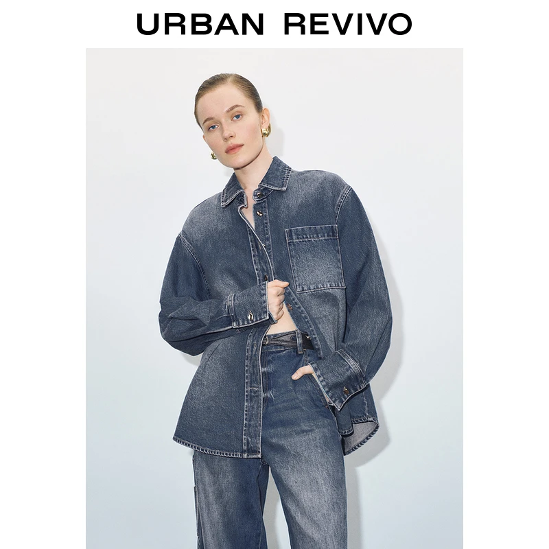 UR秋季新款女装复古时髦高街磨白水洗牛仔衬衫UWG840265