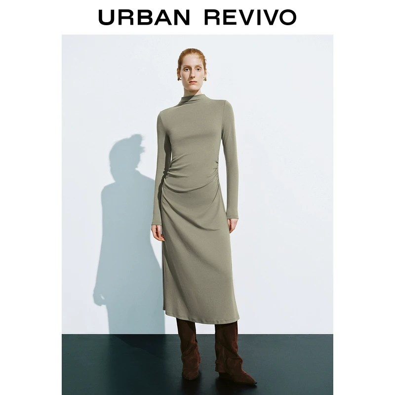 UR女装简约气质休闲褶皱长袖连衣裙UWM740022